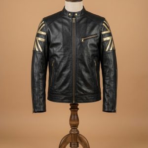 MEN BIKER VINTAGE MOTORCYCLE CAFE RACER BLACK REAL LEATHER JACKET WITH UK FLAG