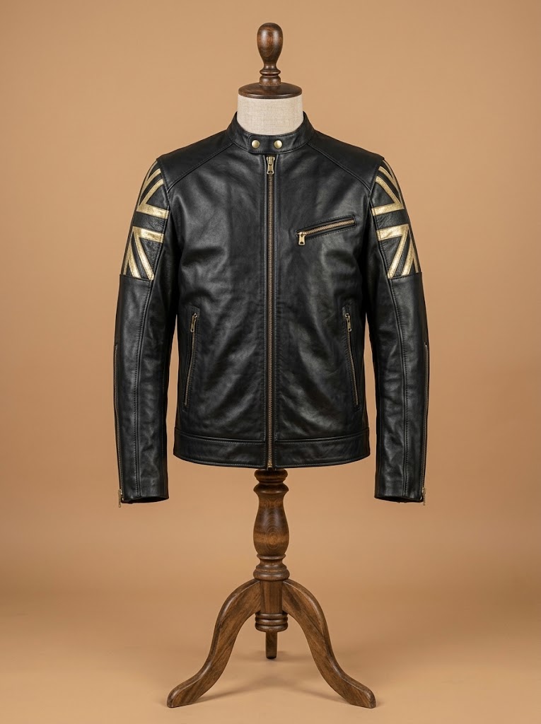 Men's Biker Vintage Motorcycle Cafe Racer Black Real Leather Jacket with UK Flag