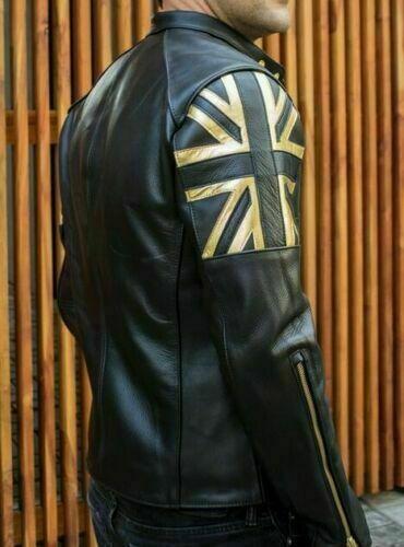 Men Biker Vintage Motorcycle Cafe Racer Black Real Leather Jacket with UK FlagS1