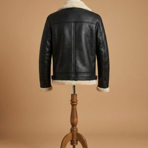 Men’s B3 Bomber Full Fur Removable Hood SheepSkin Shearling Black Leather Jacket