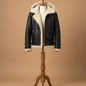 Men’s B3 Bomber Full Fur Removable Hood SheepSkin Shearling Black Leather Jacket