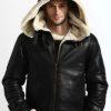 Men B3 Bomber Full Fur Removable Hood Genuine SheepSkin Shearling Stylish Black Leather Jacket