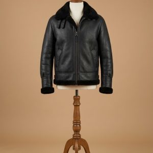 Men's Aviator B6 Sheepskin Fur Shearling Bomber Black Leather Jacket