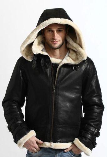 Men's B3 Bomber Full Fur Removable Hood Genuine SheepSkin Stylish Leather Jacket