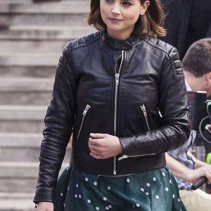 Jenna Coleman Doctor Who Clara Oswald Cafe Racer Biker Black Leather Jacket