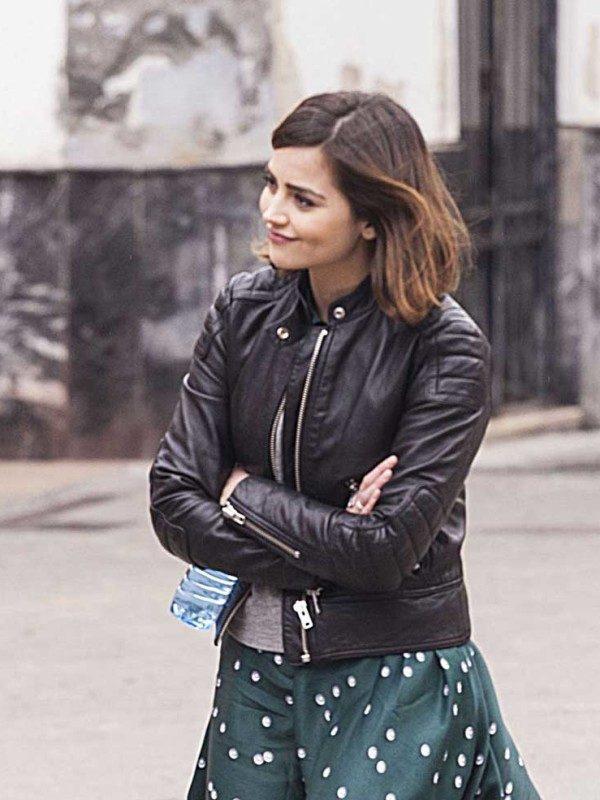 Jenna Coleman Doctor Who Clara Oswald Cafe Racer Biker Black Leather Jacket2