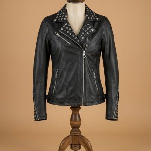 Ladies Biker Studded Cafe Racer Slimfit Casual Street Style Black Leather Jacket