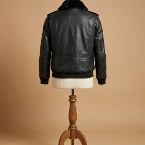 Men's B3 Bomber Aviator A2 Pilot Police Sheepskin Fur Collar Black Leather Jacket