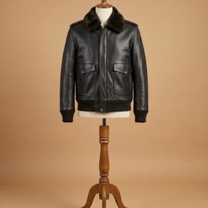 Men's B3 Bomber Aviator A2 Pilot Police Sheepskin Fur Collar Black Leather Jacket