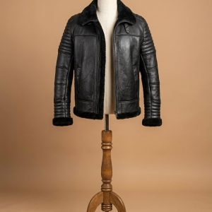 Men's B3 Bomber Aviator Black Fur Sheepskin Shearling Leather Jacket