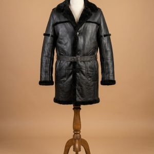 Men's B3 Bomber Aviator WWII Pilot Police Sheepskin Black Leather Duffle Safari Coat