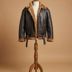 Men's B6 Bomber Aviator Pilot Real Sheepskin Shearling Brown Leather Jacket