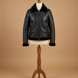 Women's B3 Bomber Aviator Black Fur Sheepskin Shearling Leather Jacket