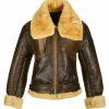 Mens RAF B3 Brown Sheepskin Bomber Shearling Two Tone Style Real Leather Jacket