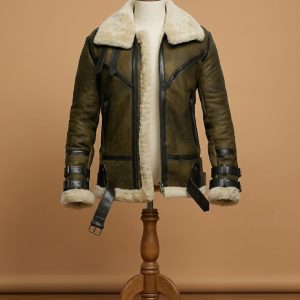 Men's B3 Bomber USAF Dukin Green Real Sheepskin Shearling Leather Jacket