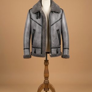 Men's B3 Bomber Aviator WWII Pilot Real Sheepskin Shearling Silver Leather Jacket