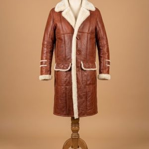 Men's B3 Bomber Aviator WWII Pilot Police Sheepskin Tan Leather Duffle Coat