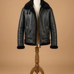 Men's Bomber Black Aviator RAF B3 Shearling Fur Genuine Leather Jacket
