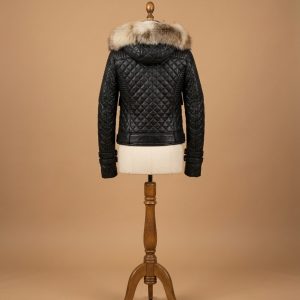 Men's Bomber Quilted Diamond Fur Trim With Real Raccoon Black Leather Jacket