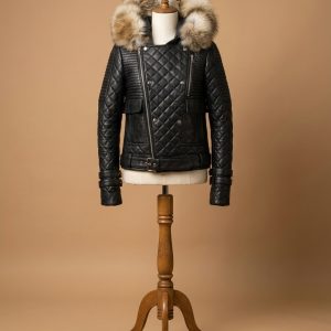 Men's Bomber Quilted Diamond Fur Trim With Real Raccoon Black Leather Jacket