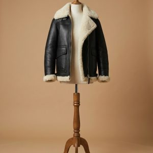 Women's B3 Bomber Aviator Real Fur Sheepskin Shearling Black Leather Jacket