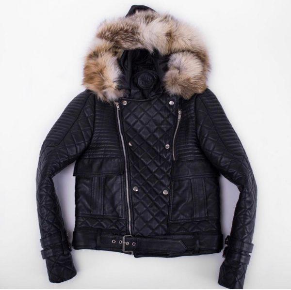 Mens Bomber Winter Quilted Diamond Fur Trim With Real Raccoon Fur Black Leather Jacket