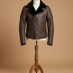 Men's Biker Cafe Racer Brown Real Fur Coat Sheepskin Shearling Leather