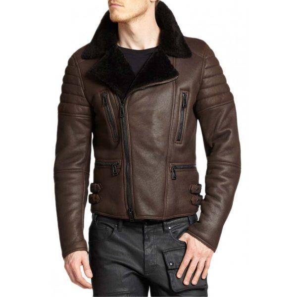 Men Biker Cafe Racer Brown Real Fur Winter Coat Real Sheepskin Shearling Leather Coat