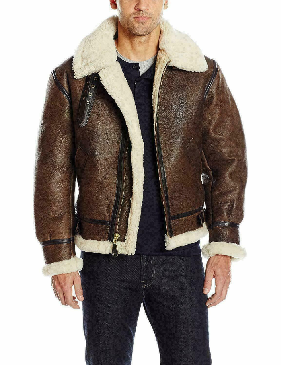 New RAF B3 Detachable Hood Bomber Shearling Fur Winter Khaki Men's Style Jacket 