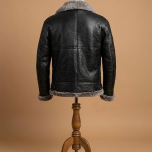 Men's B3 Bomber Pilot Aviator RAF Real Sheepskin Grey Shearling Black Leather Jacket