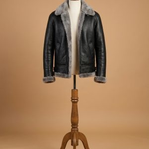 Men's B3 Bomber Pilot Aviator RAF Real Sheepskin Grey Shearling Black Leather Jacket
