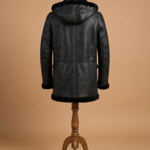Men's Bomber Pilot Aviator RAF Real Sheepskin Shearling Black Leather Duffle Safari Coat