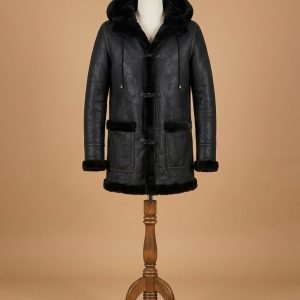 Men's Bomber Pilot Aviator RAF Real Sheepskin Shearling Black Leather Duffle Safari Coat