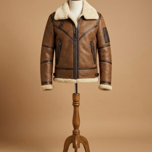 Men's Bomber Pilot Aviator RAF Real Sheepskin Shearling Brown Leather Jacket