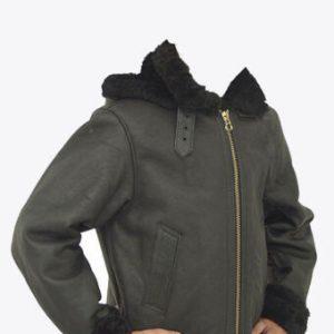 Kid B3 Bomber Unisex Winter Real Sheepskin Shearling Pilot Black Leather Jacket