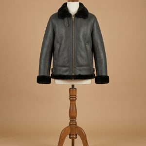 Kid B3 Bomber Unisex Real Sheepskin Shearling Pilot Black Leather Jacket