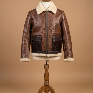 Kid B3 Bomber Unisex Real Sheepskin Shearling Pilot Brown Leather Jacket