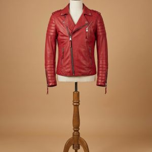 Men's Quilted Diamond Real Lamb Skin Slim Fit Red Leather Jacket