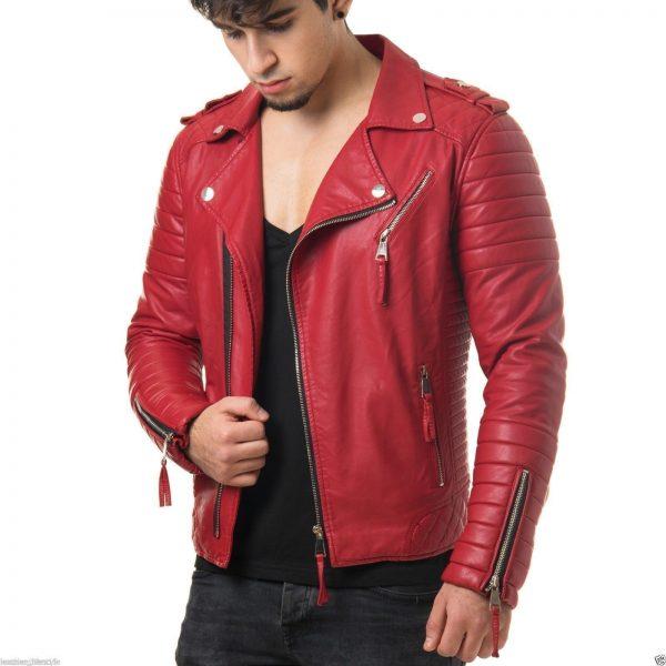 Mens Quilted Diamond Real Lamb Skin Slim fit Red Leather Jacket