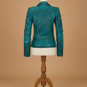 Women's Slim Fit Diamond Quilted Moto Teal Leather Jacket