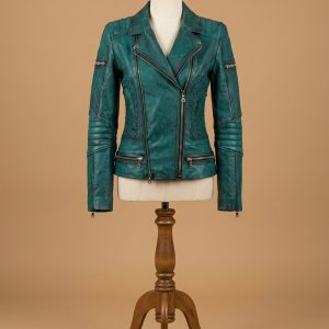 Women's Slim Fit Diamond Quilted Moto Teal Leather Jacket