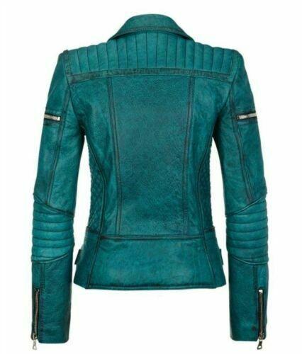 Women Slim Fit Diamond Quilted Moto Teal Leather Jacket B