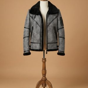 Men's B3 Bomber Aviator WWII Pilot Real Sheepskin Shearling Grey Leather Jacket