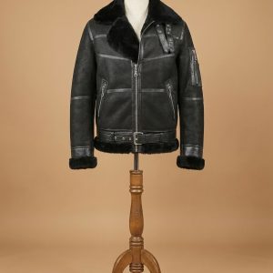 Men's B3 Bomber Aviator WWII Pilot Real Sheepskin Shearling Black Leather Jacket