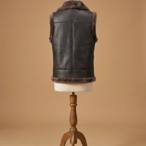 Men's Bomber Real Sheepskin Shearling Pilot Aviator Brown Fur Black Leather Vest