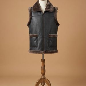 Men's Bomber Real Sheepskin Shearling Pilot Aviator Brown Fur Black Leather Vest