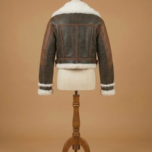 Kourtney Kardashian Women's B3 Cropped Real Sheepskin Shearling Brown Leather Jacket