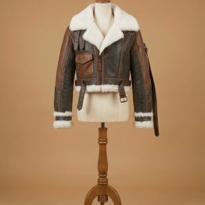 Kourtney Kardashian Women's B3 Cropped Real Sheepskin Shearling Brown Leather Jacket