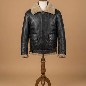 Men's Arnold Schwarzenegger Aviator RAF B6 Shearling Real Sheepskin Black Leather Bomber Jacket