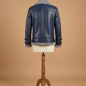 Men's B6 Bomber Aviator RAF Real Sheepskin Grey Shearling Blue Leather Jacket